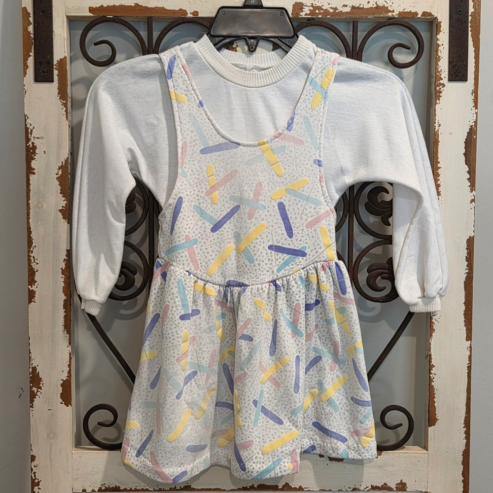 Vintage Girls Size 6 Dress Sweatshirt Layered Pastel Geometric 80s 90s